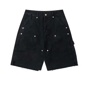 Shorts de Mezclilla Cargo Negros para Hombre, Cintura Alta, Estilo Utilitario, para Verano, 100% Algodón, Lavado Oscuro, Corte Relajado - Product Image 1