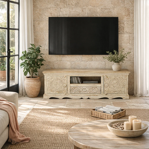 Mueble de TV de Madera Maciza Convertible y Extensible de Lujo, Estilo Moderno Rústico, Mueble para Sala de Estar, Trabajo CNC, para Dormitorio o Entrada, Compatible con Televisores de 65+ Pulgadas - Product Image 1