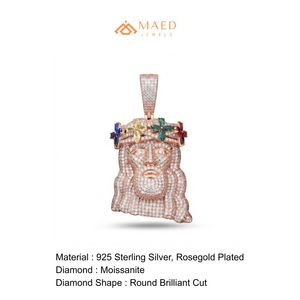 Collier pendentif en or rose plaqué moissanite, motif visage de roi, bijoux de mode pour hommes et femmes, pendentif style couronne florale New York City - Product Image 6