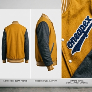 Mens Mustard Wool Letterman <b>Jacket</b> Charcoal Sleeves Custom Logo Rib Knit Collar Cuffs Snap Front Luxury Streetwear Outerwear Top - Product Image 5