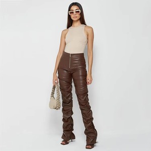 European American Fashionable PU Leather Women's Clothing Low Waist Flare Pants Unique Pleated Fringed Design Zipper Fly Closure - Product Image 2