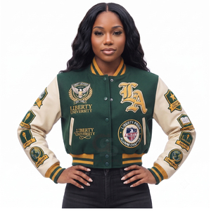Chaquetas Varsity Vintage con Bordado de Chenille y Parches, Chaquetas de Béisbol con Mangas de Cuero, Chaquetas Cortas para Mujer - Product Image 1