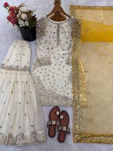 Premium Silk <b>Kurti</b> Sharara Set with Sequins Embroidery and Dupatta – Designer Ethnic Wear for Women - Product Image 3