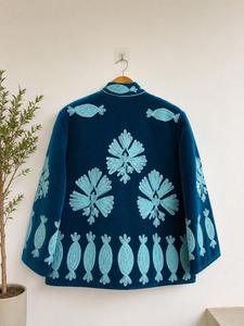 Artisan Sky Blue <b>Velvet</b> Embroidered Suzani <b>Jacket</b> With Floral Pattern Full Sleeve Stand Collar Handmade <b>Women's</b> Winter Outerwear - Product Image 4