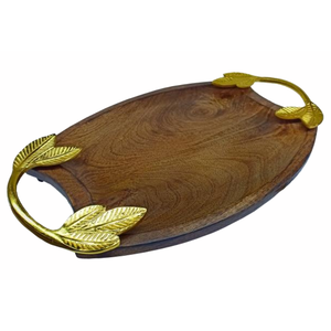 Wooden Storage Tray with Golden Leaf Handles | Decorative Serving Tray for Home Kitchen <b>Dining</b> <b>Table</b> & Living Room - Product Image 1