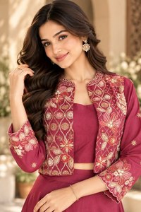 Conjunto de falda Lehenga de 3 piezas de seda Vichitra premium para mujer con chaqueta bordada, top corto, bordado con hilo dorado, lentejuelas y perlas B - Product Image 2