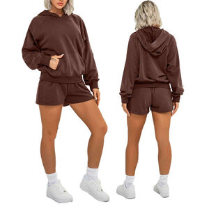 Women's Gray 2 Piece Hooded Sweatshirt Shorts <b>Set</b> Casual Loose Fit Solid Color Fleece Breathable Spring Summer Wear - Product Image 4
