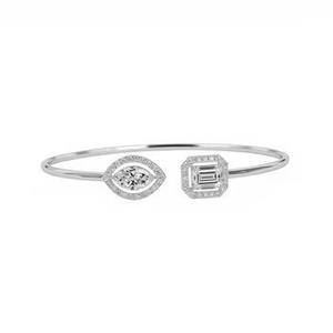 Women's 925 <b>Silver</b> Rhodium Plated Cuff <b>Bracelet</b> With Marquise And Emerald Cut Diamond Geometric Design Classic Style - Product Image 1