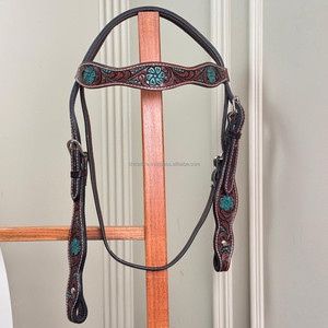 Headstall de cheval occidental fabriqué à la main en cuir taillé à la main avec des accents turquoises et des boucles réglables pour l'équitation - Product Image 6