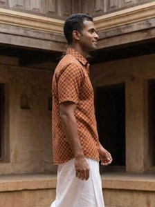 Handcrafted Men’s Rust Orange and Earthy Brown Checkered Cotton <b>Half</b>-Sleeve <b>Shirt</b> with Traditional Block Print Pattern - Product Image 2