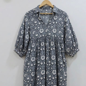 Robe Bohème Midi en Coton Écologique pour Femme, à Manches Bouffantes Florales, Coupe Évasée, Tenue Formelle – Fournisseur Indien en Gros - Product Image 1