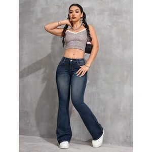 Jean évasé taille haute vert texturé délavé pour femme, coupe vintage extensible et décontractée, écologique, tailles 26-40 - Product Image 1