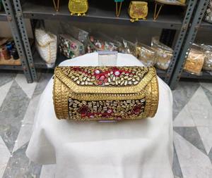 AL MALIK CRAFT Gold Plated Embroidered <b>Clutch</b> Bag with <b>Red</b> Kundan Stones Ethnic Designer Gift Uttar Pradesh for Wedding Party - Product Image 2