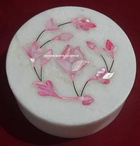 Boîte à bijoux en incrustation de nacre blanche naturelle de forme ronde - Product Image 3