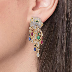 14K <b>Solid</b> <b>Gold</b> Multi Gemstone Panther Stud <b>Huggie</b> Earrings with Moissanite - Product Image 1
