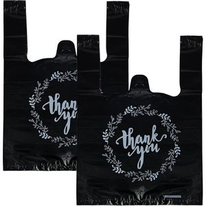 100 Sacchetti Neri in Plastica per T-Shirt e Shopping, 8.7 X 4.1 X 11.6, Confezione Bulk per Ristoranti, Sacchetti Regalo con Scritta 'Grazie' - Product Image 1