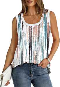 Women's Summer Tank Tops Loose Sleeve V-neck Curved Hem Knitted Fabric Ribbed <b>Trim</b> <b>Beading</b> Decoration Lightweight Cotton Lace - Product Image 5