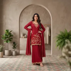 Ensemble Kurti Palazzo Dupatta traditionnel pour femmes en tissu Aarika Textile Premium rouge avec perles, prix de gros - Product Image 1