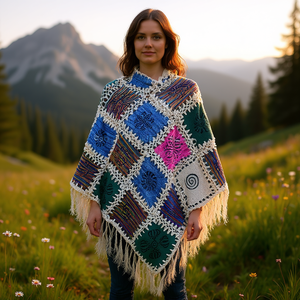 Poncho en tricot 100% coton avec bordure blanche Poncho à bordure blanche - Product Image 3