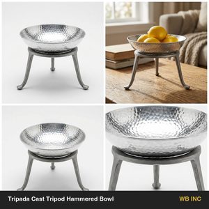 Bol décoratif en aluminium fait main de 24 cm, finition argentée martelée brillante, sur support trépied en fonte - pour la décoration intérieure ou l'utilisation hôtelière - Product Image 5