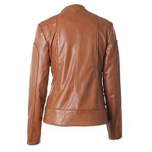 Blouson en cuir pour femme grande taille, coupe ajustée, zippé, léger, court, style motard, avec revers - Product Image 3