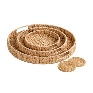 Wholesale Set Water Hyacinth <b>Large</b> Round Serving <b>Tray</b> for Food with Coasters for Kitchen, Dining Table, Entryway, Bedroom - Product Image 1