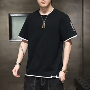 เสื้อยืดผู้ชายสีดำ ผ้าฝ้าย 100% แขนสั้น คอกลม สไตล์ลำลอง สตรีทแวร์ แต่งขอบตัดกัน ทรงหลวม ผ้าถัก สีพื้น ไม่หด - Product Image 3
