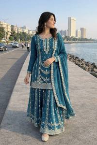 Conjunto de Kurta Sharara Dupatta Azul Bordado, Traje Tradicional Indio para Mujer, Ropa Festiva para Bodas y Fiestas - Product Image 3