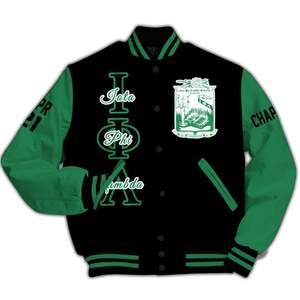 Chaqueta Universitaria Personalizada Iota Phi Lambda para Mujer, Chaqueta Bomber con Letras y Números Bordados en Negro y Verde - Product Image 5