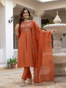 Rust Orange <b>Women</b> <b>Kurta</b> Set With Embroidered Dupatta And Straight Pants Traditional Indian Ethnic Wear - Product Image 3
