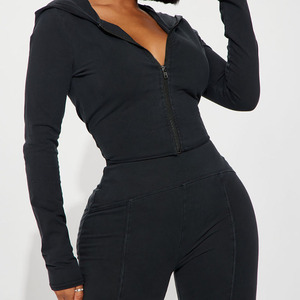 Women's Black Hooded 2-Piece Washed Set Long Sleeve Zipper <b>Top</b> Flare Pants Casual Knitted Outfit Spring/Summer 100% Cotton - Product Image 3