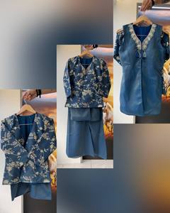 Luxury Slate <b>Blue</b> Silk Afghani Style Co-Ord Set Wrinkle-Free Heavy Silver Floral Embroidered Open Front Shrug Inner <b>Tunic</b> Flared - Product Image 2