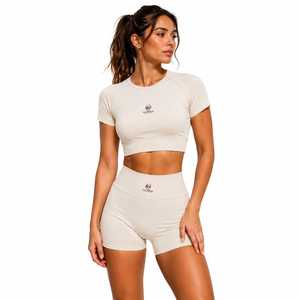 Solid Color High Waist Sporty Knitted 2-Piece Set Logo Front <b>Elastic</b> Waist Quick Dry Polyester Women's Compression Shorts - Product Image 1