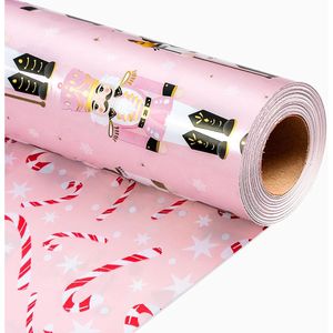 Rotolo di Carta da Regalo Natalizia Rosa Reversibile con Lamina Metallica Lucida, Schiaccianoci e Bastoncini di Zucchero per Confezioni Regalo Festive e Capodanno - Product Image 2