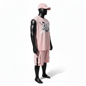 Conjunto de camiseta sin mangas y pantalones cortos para hombre, de algodón y poliéster, con acabado liso, color rosa, con panel cargo. - Product Image 4