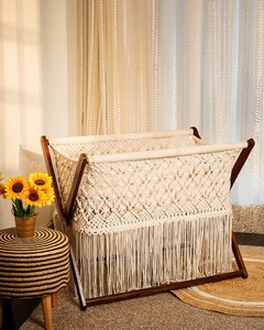 Boho macrame baby cradle with wooden stand handmade cotton rope bassinet <b>swing</b> crib nursery decor foldable frame - Product Image 2