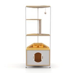 Arredo Sostenibile per Animali Domestici da Interno: Torre Angolare per Gatti con Tiragraffi, Cuccia e Piattaforme per Arrampicata, Dotata di Stazione per l'Alimentazione - Product Image 3