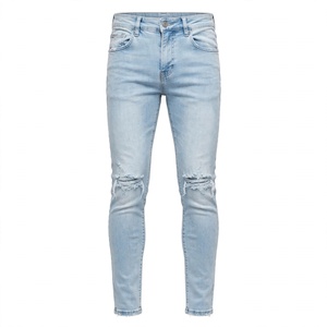 Jeans de Mezclilla Rasgados de Lavado Claro para Hombre, Corte Recto Ajustado, Cintura Media, Pantalones Casuales de Estilo Urbano, Exportación desde BD - Product Image 1
