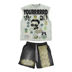 Ensemble d'été deux pièces pour homme, personnalisé OEM, avec impression DTG, style vintage délavé au soleil et à l'acide, comprenant un t-shirt à manches courtes et un short de survêtement - Product Image 5