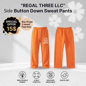 Pantalon de survêtement décontracté en molleton pour homme Regal Three Llc, orange, avec boutons latéraux, imprimé « Live Your Dream », taille élastique et cordon de serrage - Product Image 1