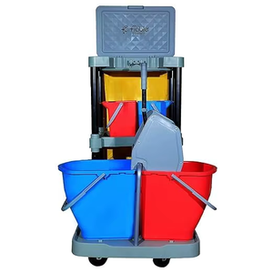 Chariot de nettoyage professionnel avec trois seaux, poubelle pliable et presse-serpillière, roues robustes pour une maniabilité aisée - Product Image 5