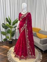 Sari en soie Fendy de créateur, broderie de perles lourdes, gaufré, rouge, pour mariage/soirée été/hiver, séchage rapide, chemisier non cousu pour femme