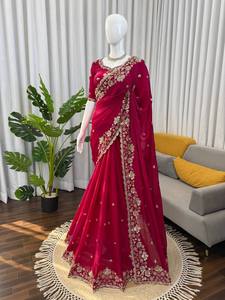 Designer Fendy Saree Heavy Beads Embroidery <b>Red</b> Summer/Winter Wedding Party Wear Quick Dry Unstitched Blouse Women - Product Image 5
