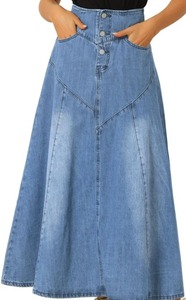 Falda Maxi Vaquera de Cintura Alta con Corte en A para Mujer, Color Azul Oscuro Sólido, Cierre de Botones Delanteros, Estilo Casual Holgado para Otoño - Product Image 3