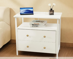 Table de chevet design moderne avec chargeur, 2 tiroirs et 1 étagère en blanc, meuble de chambre en bois au meilleur prix pour hôtel - Product Image 3