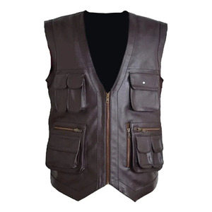 Hot Selling <b>Men's</b> Genuine <b>Leather</b> V-Neck Zipper Front Multiple Pockets <b>leather</b> <b>waistcoat</b> Regular Fit Autumn Style - Product Image 1