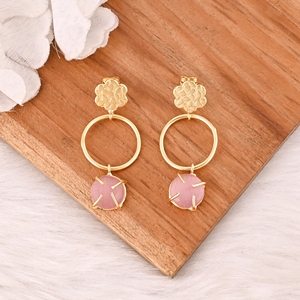 ต่างหูพลอยตาแมวสีชมพูสง่างามเครื่องประดับทองเหลืองสำหรับผู้หญิง - Product Image 2