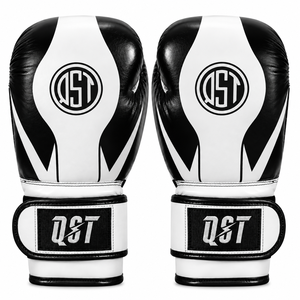 Gants de boxe en cuir QST, à doigts entiers, avec fermeture à lacets au poignet, design noir et blanc, pour adultes, pour l'entraînement - Product Image 6