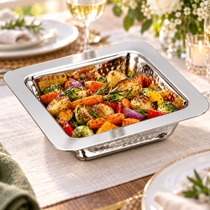 Square Hammered Stainless Steel Serving <b>Tray</b> Metal Entree Dish Reflective <b>Buffet</b> Platter for Hotel Restaurant - Product Image 4