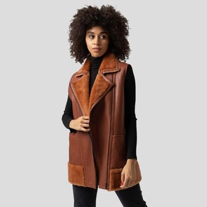 Veste longue d'hiver pour femme en cuir d'agneau véritable, style aviateur, marron clair, B3 Bomber, en peau de mouton - Product Image 1